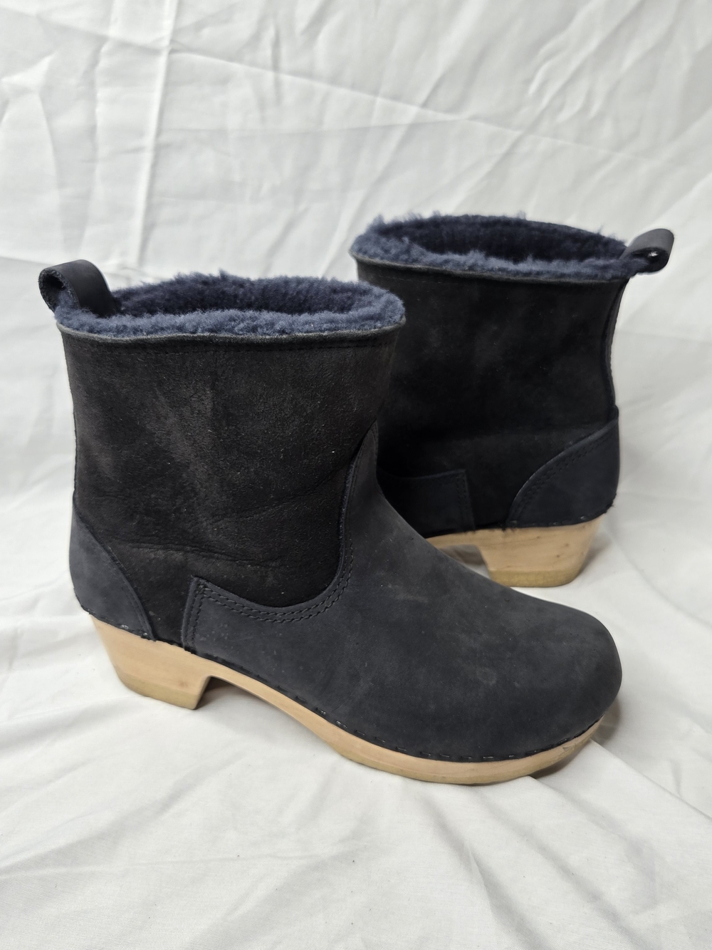 J.Crew Black Suede Faux Fur Lined Wooden Clog Boots EU 39 US 8.5/9
